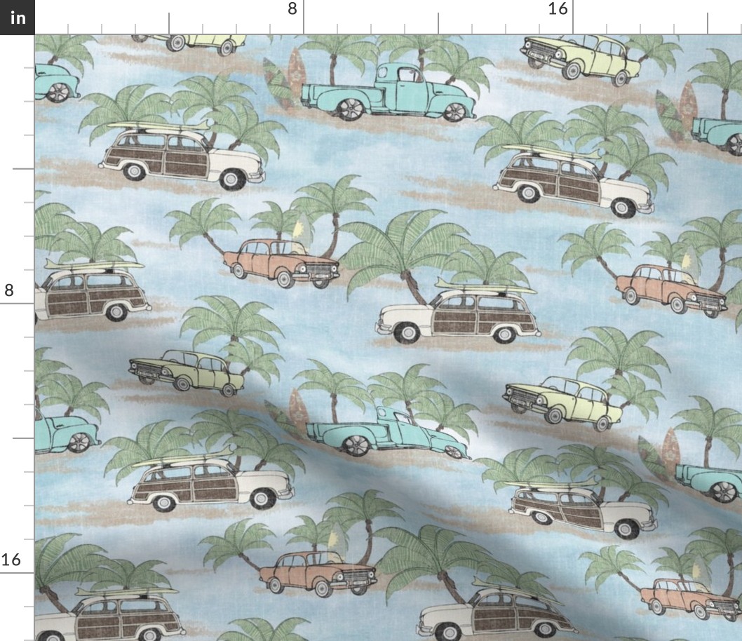 Wallpaper Vintage Beach Cars -  Blue LInen