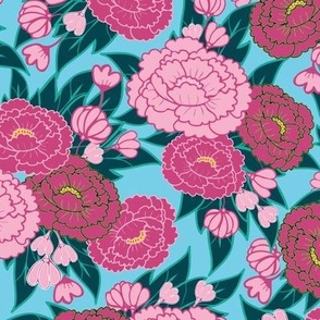 Peony Girl - Pink Peonies on Aqua