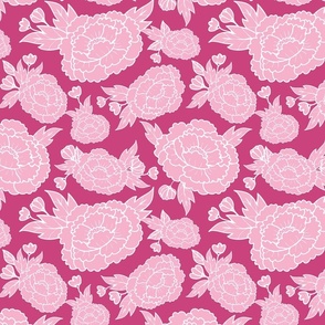   Peony Garden - Pink Flowers on Raspberry Pink