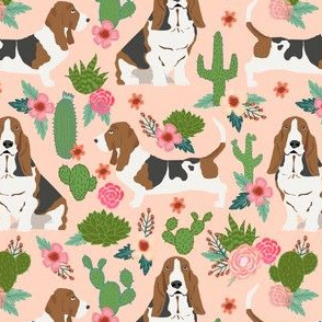 basset hound cactus floral fabric - dog fabric, basset hound fabric, cactus floral fabric, cactus fabric - peach