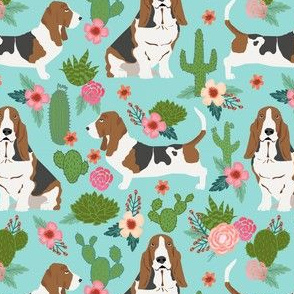 basset hound cactus floral fabric - dog fabric, basset hound fabric, cactus floral fabric, cactus fabric -  blue