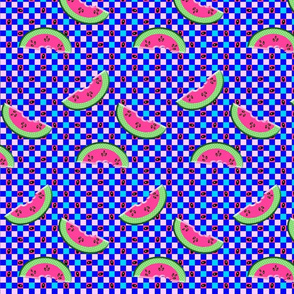 SMALL PINK WATERMELON SLICES ON BLUE CHECKS