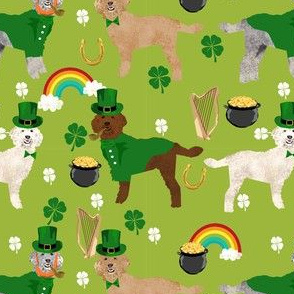 doodle leprechaun dog fabric, st patricks day golden doodle fabric, golden doodle fabric, doodle dog fabric - green