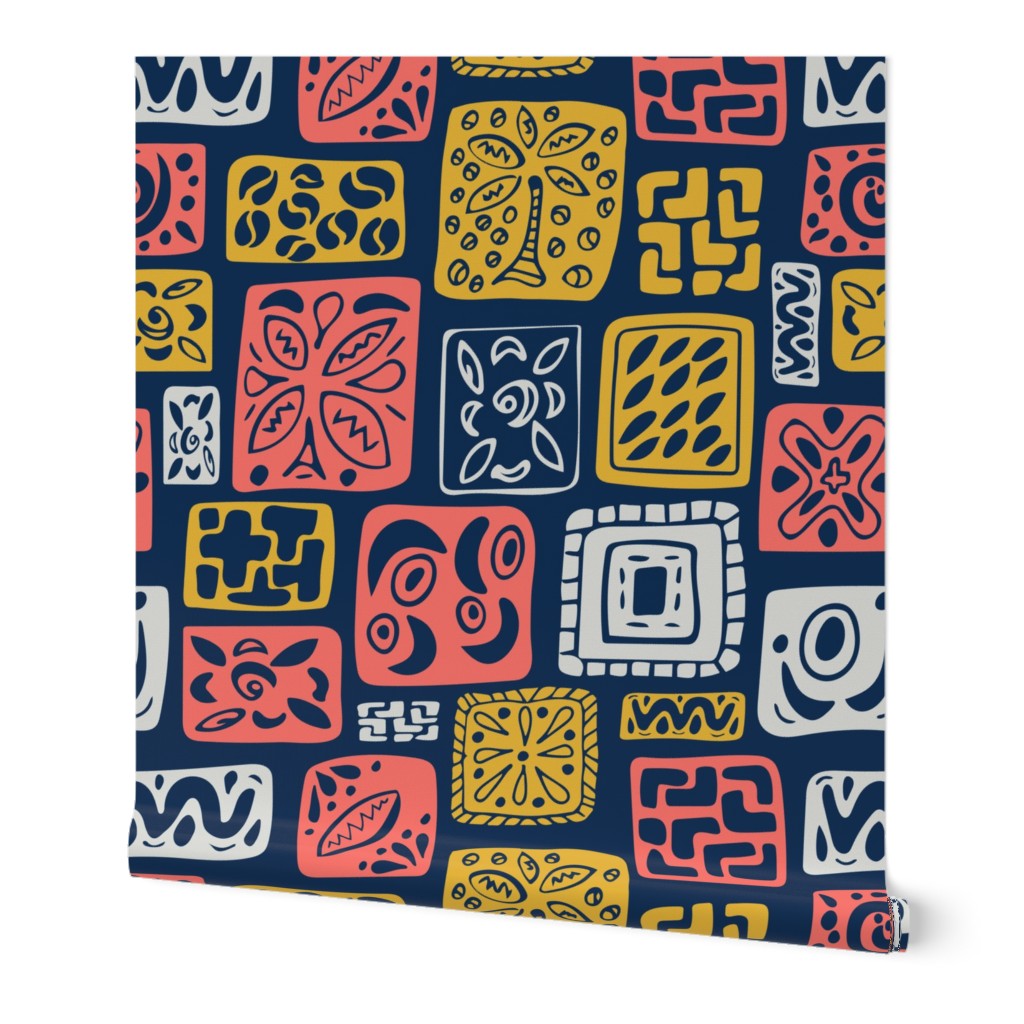 Little icon Boxes-Vintage Island-limited palette: Coral 2019, Blue & Gold. Original  *large version