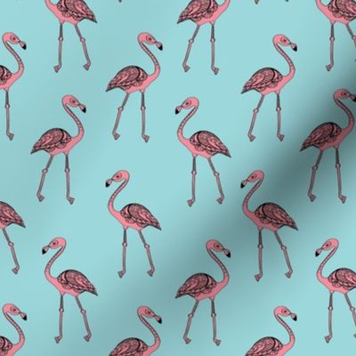 flamingo fabric - living coral, coral fabric, summer fabric, tropical fabric, preppy fabric, flamingo girl fabric - light blue