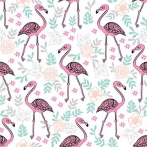 flamingo flower fabric - flamingo florals, tropical floral, summer fabric, flamingo fabric, tropical fabric, -  peach white