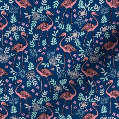 flamingo flower fabric - flamingo florals, tropical floral, summer fabric, flamingo fabric, tropical fabric, -  navy