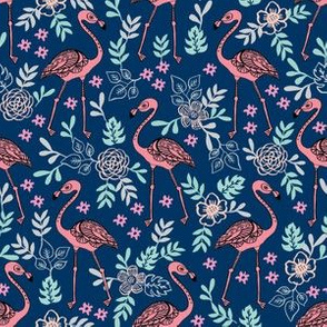 flamingo flower fabric - flamingo florals, tropical floral, summer fabric, flamingo fabric, tropical fabric, -  navy