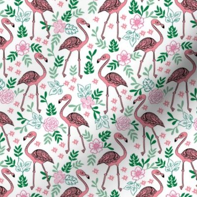 flamingo flower fabric - flamingo florals, tropical floral, summer fabric, flamingo fabric, tropical fabric, - white