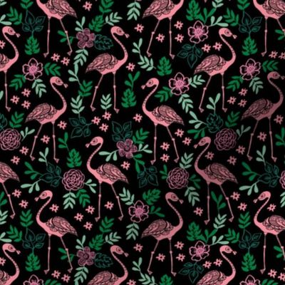 flamingo flower fabric - flamingo florals, tropical floral, summer fabric, flamingo fabric, tropical fabric, -  black green