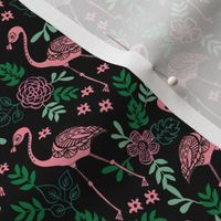 flamingo flower fabric - flamingo florals, tropical floral, summer fabric, flamingo fabric, tropical fabric, -  black green