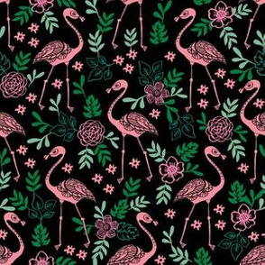 flamingo flower fabric - flamingo florals, tropical floral, summer fabric, flamingo fabric, tropical fabric, -  black green