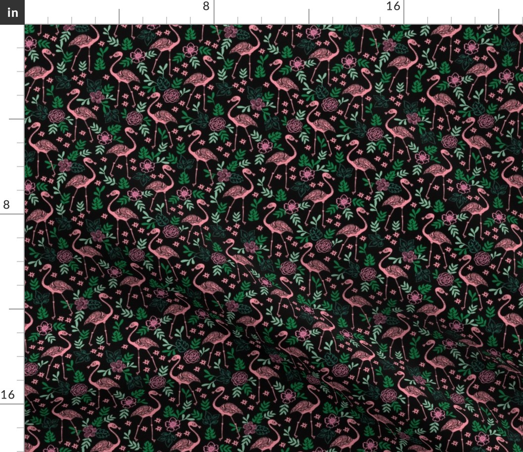 flamingo flower fabric - flamingo florals, tropical floral, summer fabric, flamingo fabric, tropical fabric, -  black green