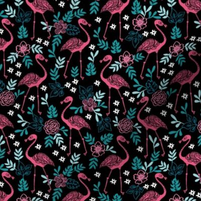 flamingo flower fabric - flamingo florals, tropical floral, summer fabric, flamingo fabric, tropical fabric, -  black teal