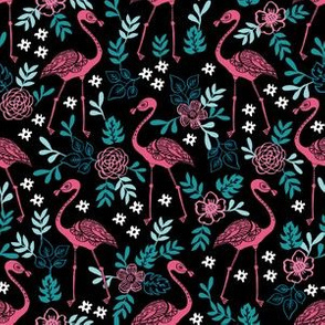 flamingo flower fabric - flamingo florals, tropical floral, summer fabric, flamingo fabric, tropical fabric, -  black teal