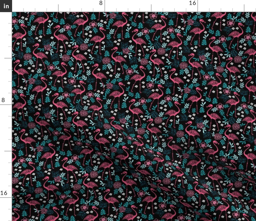 flamingo flower fabric - flamingo florals, tropical floral, summer fabric, flamingo fabric, tropical fabric, -  black teal