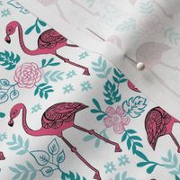 flamingo flower fabric - flamingo florals, tropical floral, summer fabric, flamingo fabric, tropical fabric, -  teal and pink