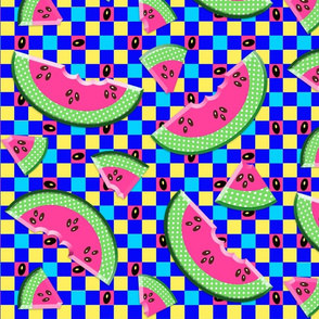PINK WATERMELON SLICES ON BLUE AND YELLOW CHECKS