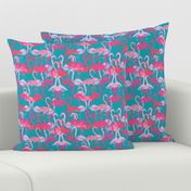 flamingo painted fabric - home dec fabric, painted flamingos fabric, home decor fabric -  teal and pink