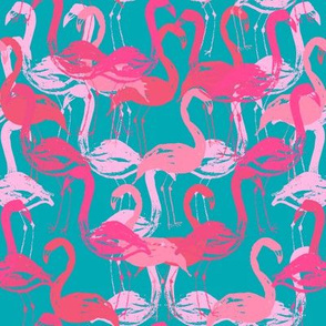 flamingo painted fabric - home dec fabric, painted flamingos fabric, home decor fabric -  teal and pink