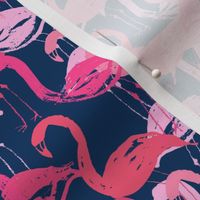 flamingo painted fabric - home dec fabric, painted flamingos fabric, home decor fabric -  navy and pink
