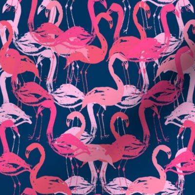 flamingo painted fabric - home dec fabric, painted flamingos fabric, home decor fabric -  navy and pink