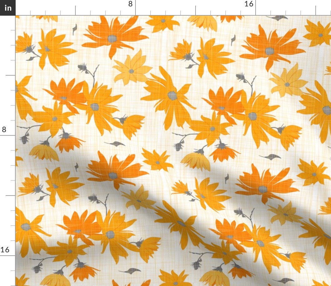 jerusalem artichoke floral orange/grey on linen texture - large