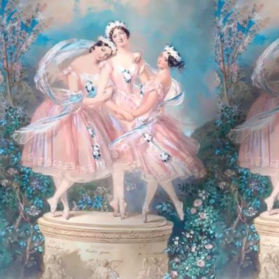 ballet ballerina dancing dancers beautiful women ladies lady smiling flowers floral crown garland roses sky clouds gardens troupe pastel pink blue green trees bushes pointe trio 3 company group performers seamless watercolor romantic shabby chic   