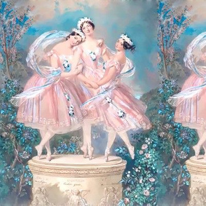 ballet ballerina dancing dancers beautiful women ladies lady smiling flowers floral crown garland roses sky clouds gardens troupe pastel pink blue green trees bushes pointe trio 3 company group performers seamless watercolor romantic shabby chic   