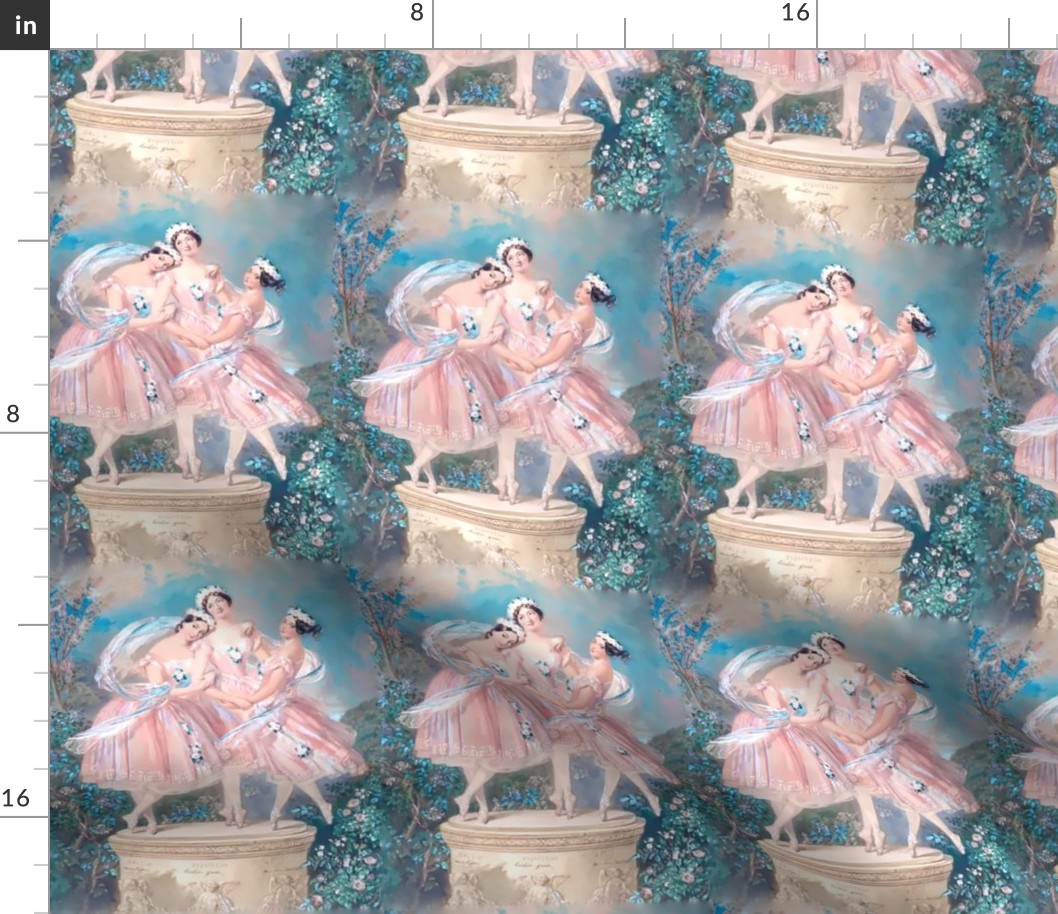 ballet ballerina dancing dancers beautiful women ladies lady smiling flowers floral crown garland roses sky clouds gardens troupe pastel pink blue green trees bushes pointe trio 3 company group performers seamless watercolor romantic shabby chic   