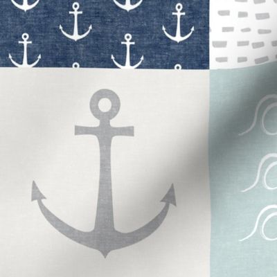 Nautical Patchwork (dark blue & blue)- Mightier than the waves - Wave wholecloth - nautical nursery fabric  LAD19