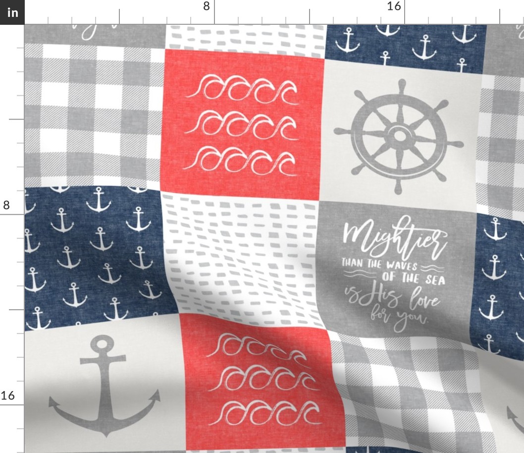 Nautical Patchwork (red and blue)- Mightier than the waves -  Wave wholecloth - nautical nursery fabric LAD19