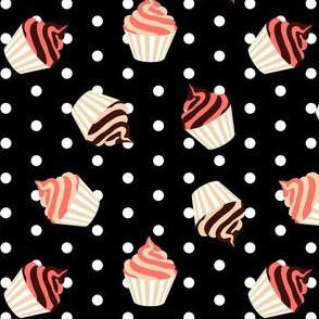 Cupcakes on black polka dot