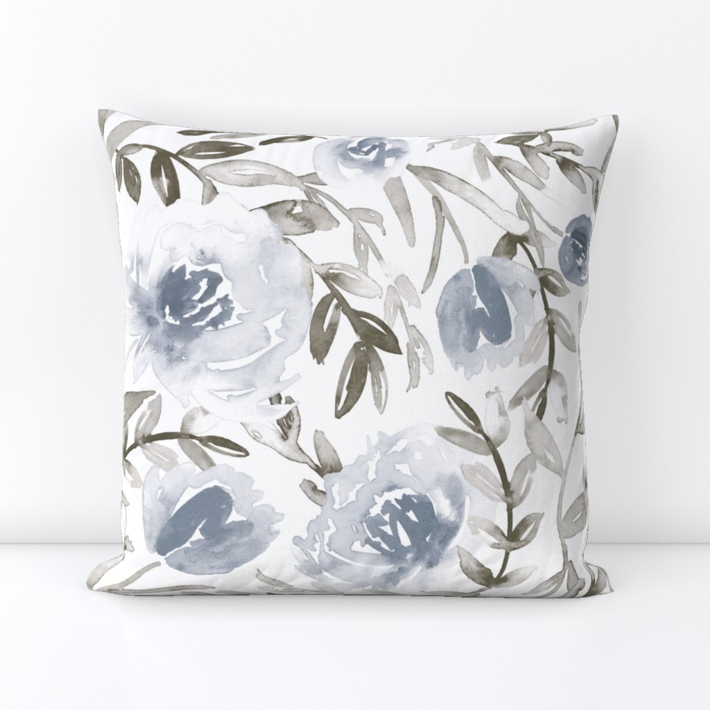 Blue and taupe watercolor floral - neutral botanical/tropical/wildflower theme