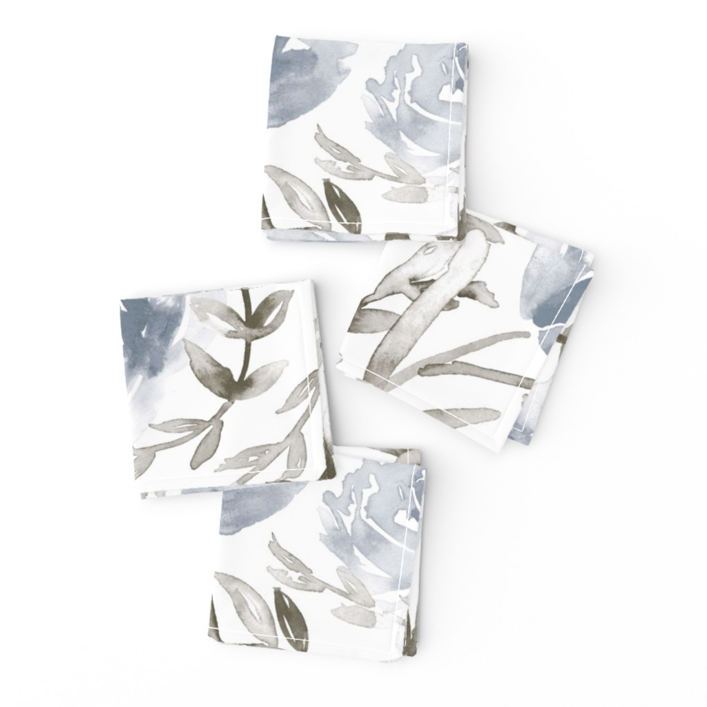 Blue and taupe watercolor floral - neutral botanical/tropical/wildflower theme