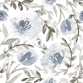 Blue and taupe watercolor floral - neutral botanical/tropical/wildflower theme