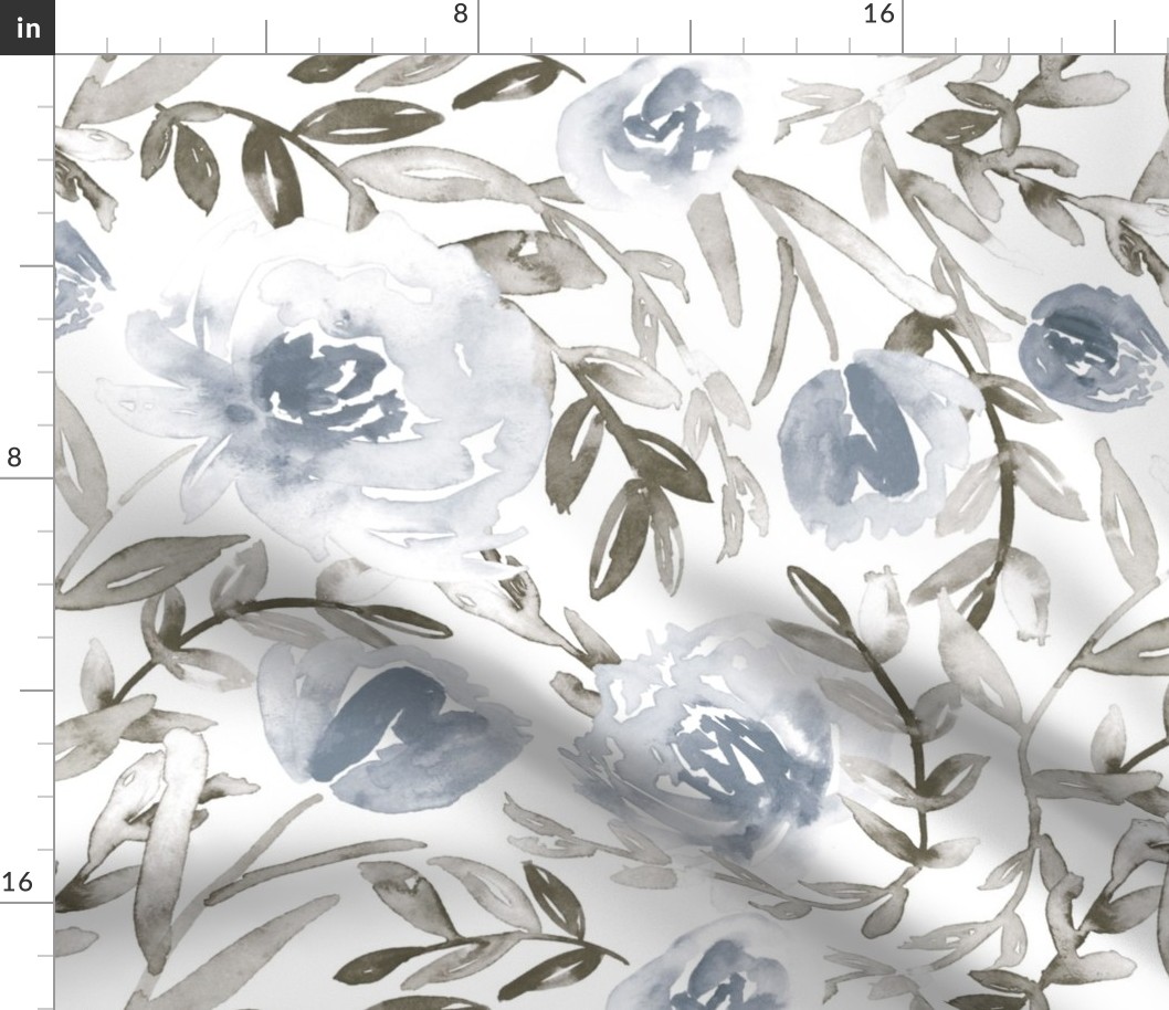 Blue and taupe watercolor floral - neutral botanical/tropical/wildflower theme