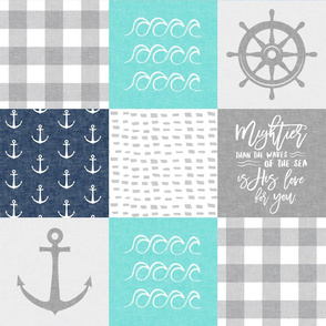 Nautical Patchwork (teal & blue)- Mightier than the waves - Wave wholecloth - nautical nursery fabric LAD19