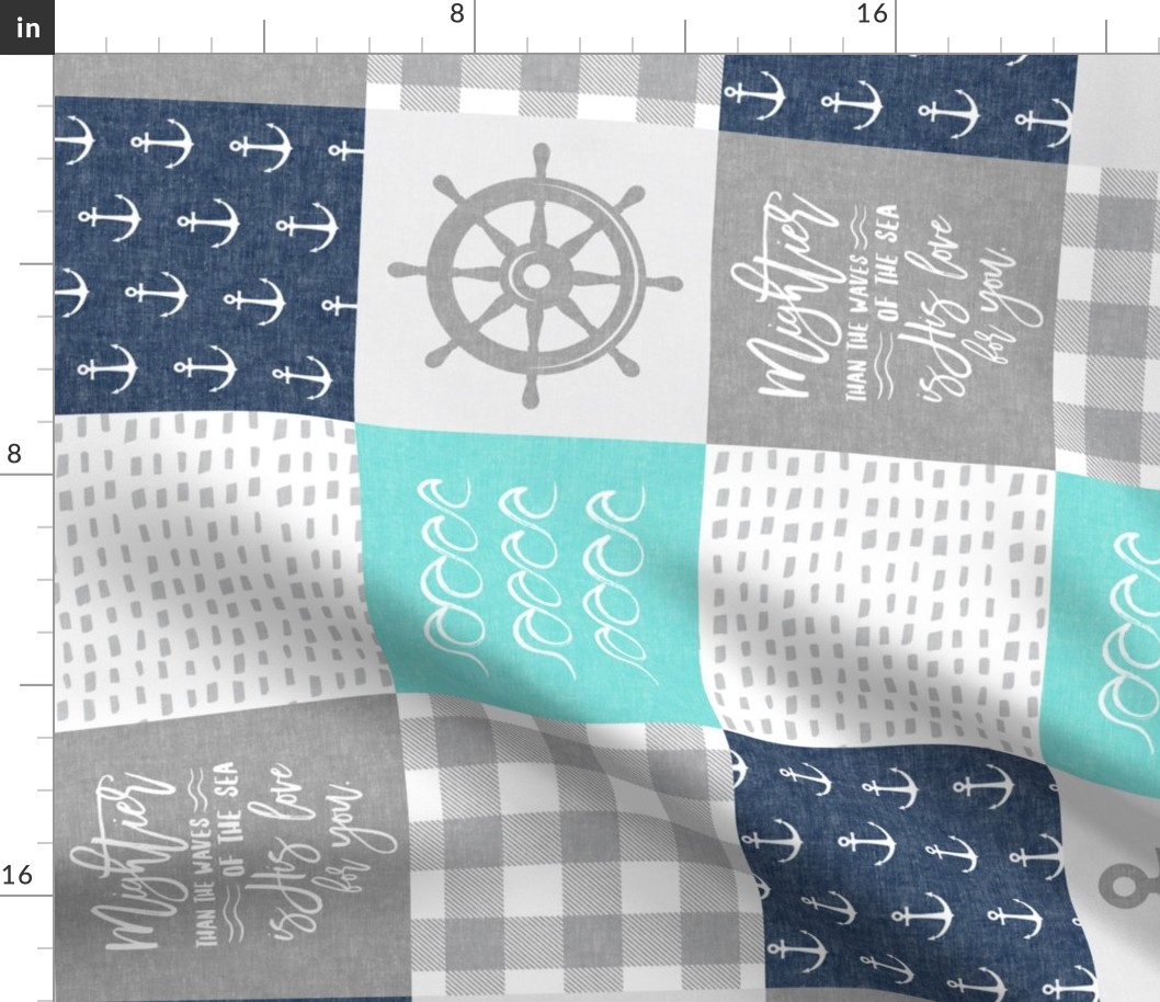 Nautical Patchwork (teal & blue)- Mightier than the waves - Wave wholecloth - nautical nursery fabric (90) LAD19
