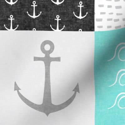 Nautical Patchwork (black and teal)- Mightier than the waves -  Wave wholecloth - nautical nursery fabric LAD19