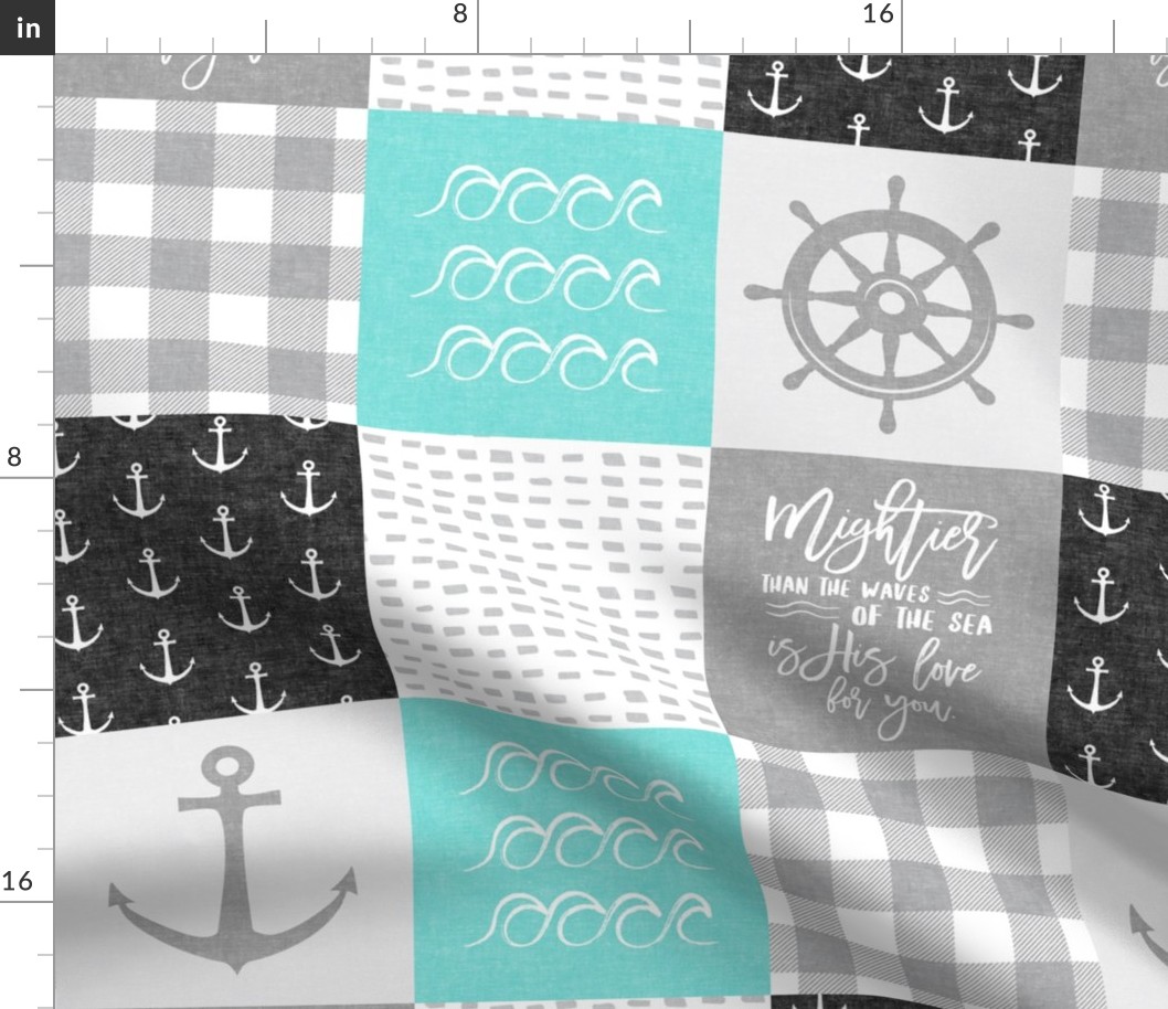 Nautical Patchwork (black and teal)- Mightier than the waves -  Wave wholecloth - nautical nursery fabric LAD19