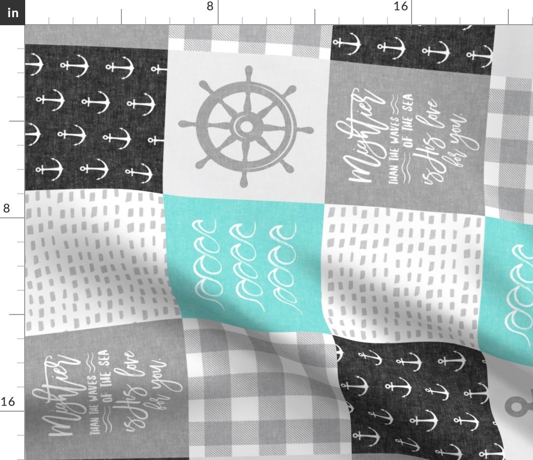 Nautical Patchwork (black and teal)- Mightier than the waves -  Wave wholecloth - nautical nursery fabric (90) LAD19