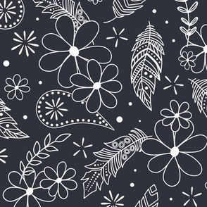 feathers flowers paislies doodle outline pattern - white on charcoal