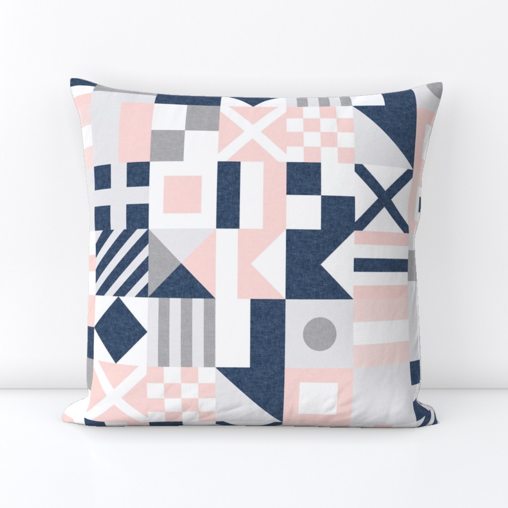 (3" small scale) Nautical Flags Patchwork - Wholecloth - Soft Pink and Navy - Maritime flags - LAD19 