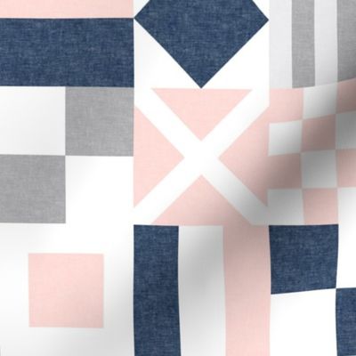 (3" small scale) Nautical Flags Patchwork - Wholecloth - Soft Pink and Navy - Maritime flags - LAD19 