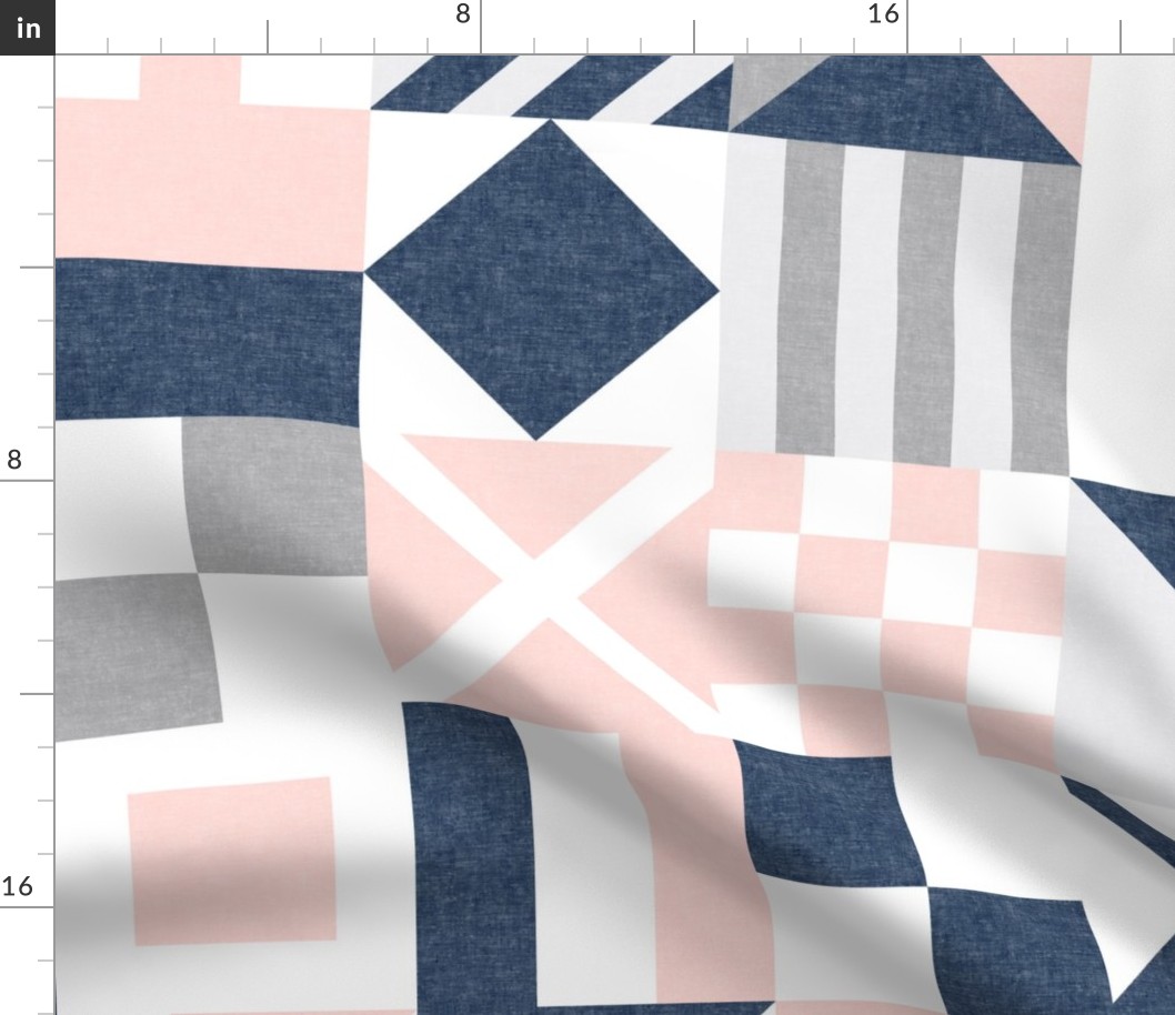 Nautical Flags Patchwork - Wholecloth - Soft Pink and Navy - Maritime flags - LAD19 