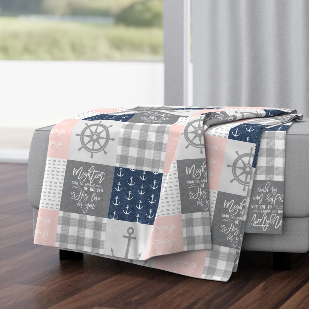 Nautical Patchwork (soft pink and navy)- Mightier than the waves -  Wave wholecloth - nautical nursery fabric  LAD19