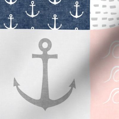Nautical Patchwork (soft pink and navy)- Mightier than the waves -  Wave wholecloth - nautical nursery fabric  LAD19