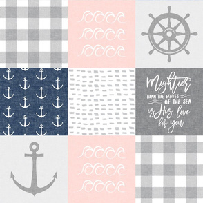 Nautical Patchwork (soft pink and navy)- Mightier than the waves -  Wave wholecloth - nautical nursery fabric  LAD19
