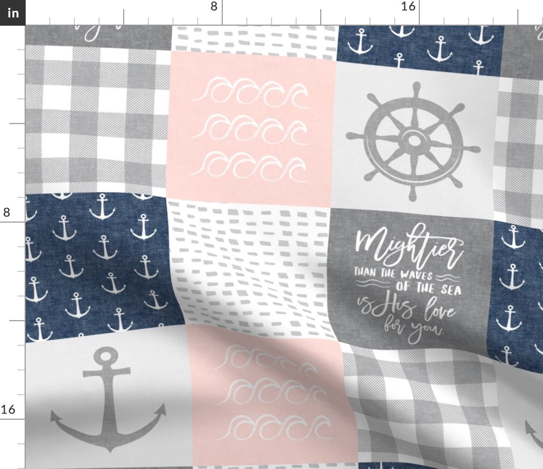 Nautical Patchwork (soft pink and navy)- Mightier than the waves -  Wave wholecloth - nautical nursery fabric  LAD19